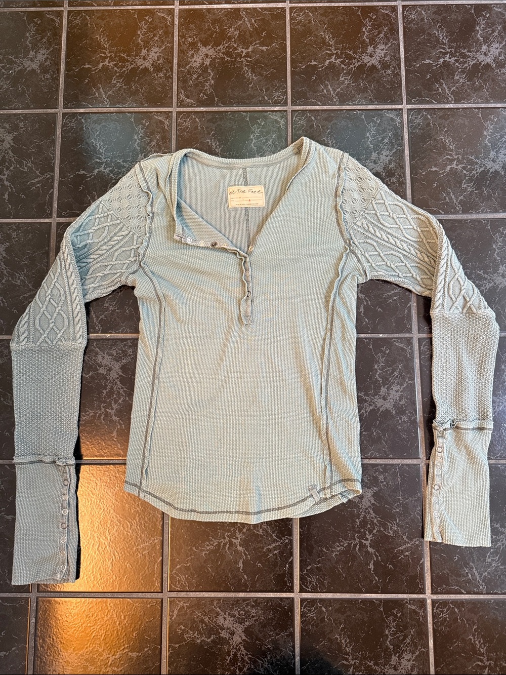 Free People Light aqua bluish Long Sleeve Waffle Knit Henley